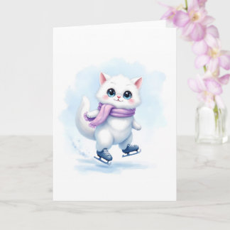 Carte Joli petit chat blanc d'hiver patinant sur glace c