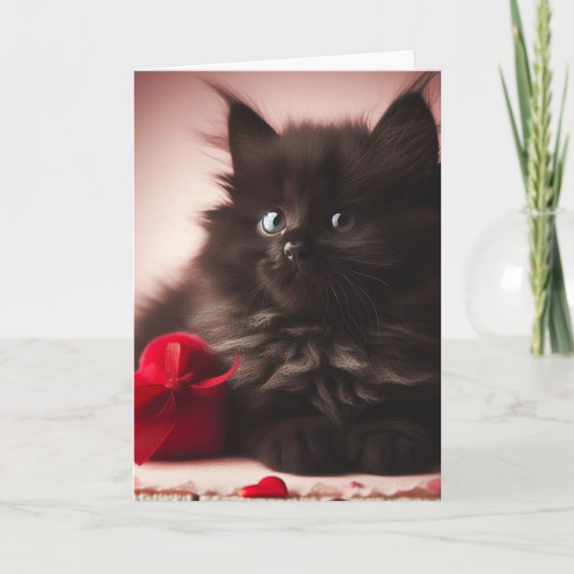 Carte Joli petit chat noir de la Saint-Valentin tout mig (Devant)
