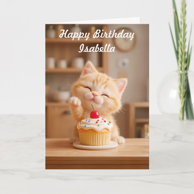 Carte Joli petit chat orange avec un cupcake (Devant)