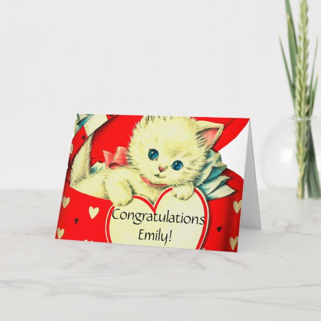 Carte Joli petit chaton coeur chat vintage rétro (Devant)