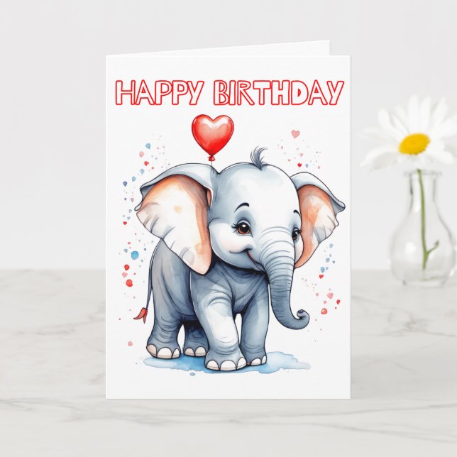 Carte Joli Petit Éléphant Joyeux Anniversaire (Petite plante)