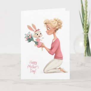 Carte Joli Petit Lapin Fille Bringant des Fleurs à Maman