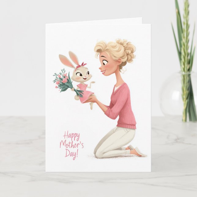 Carte Joli Petit Lapin Fille Bringant des Fleurs à Maman (Devant)