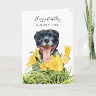 Carte Joli Pitbull Chien Jaune Jardin Floral Anniversair