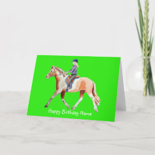 Carte Joli poney et cavalier trottant Anniversaire vert