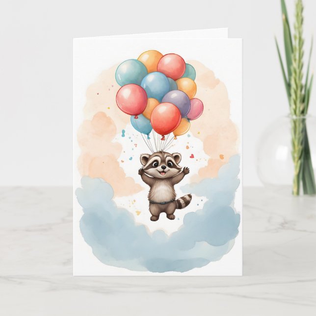 Carte Joli Raccoon Aquarelle Ballons Colorés Vide (Devant)