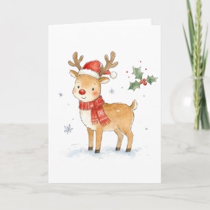 Carte Joli Renne au Nez Rouge avec Écharpe pour Noël