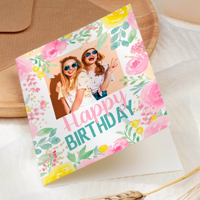 Carte Joli rose floral d'été heureux photo d'anniversair (Pretty pink summer floral happy birthday photo card)