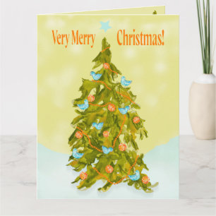 Carte Joli sapin de Noël avec des oiseaux bleus