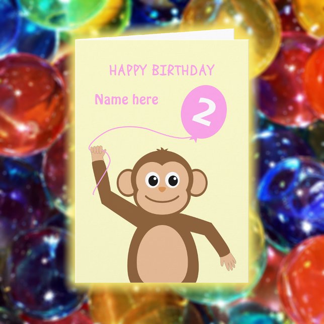 Carte Joli singe de 2e anniversaire ajouter nom rose (Créateur téléchargé)