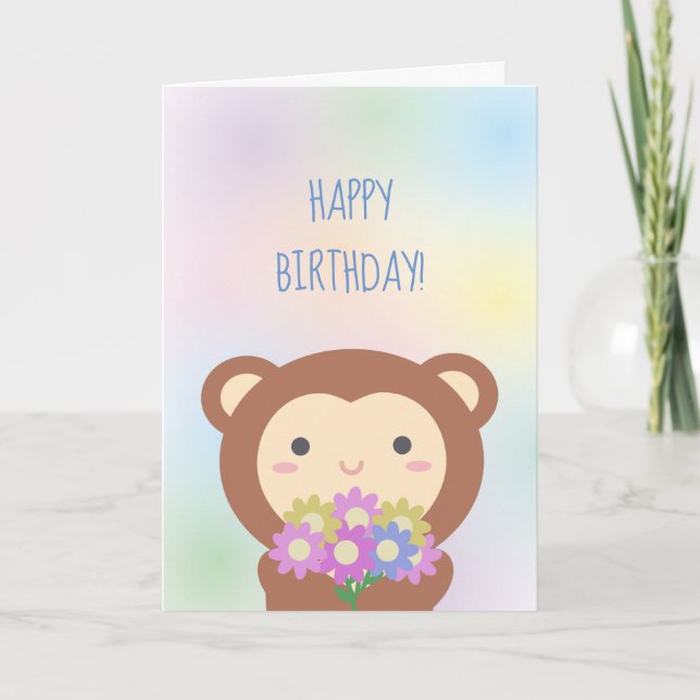 Carte Joli singe mignon et fleurs Joyeux Anniversaire (Devant)