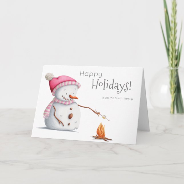 Carte Joli Snowman grillé Marshmallows Pink Holiday (Devant)