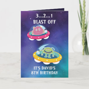 Carte Joli violet bleu galaxie Monstres 8e anniversaire
