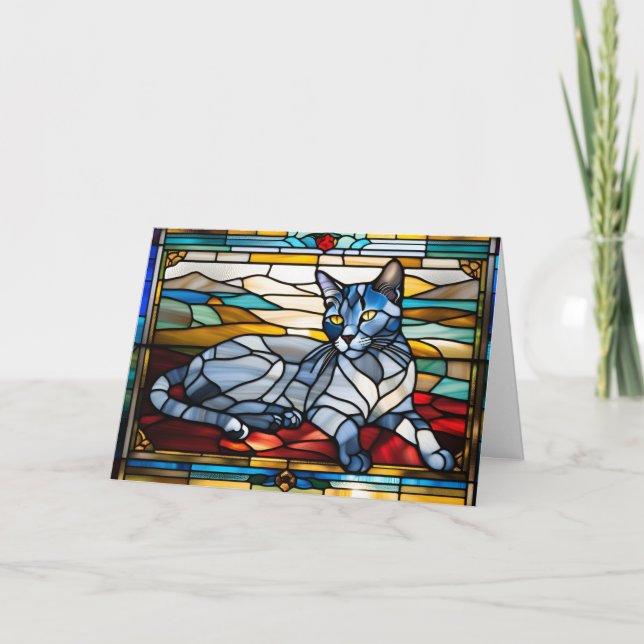 Carte Joli vitrail de chat bleu russe  (Devant)