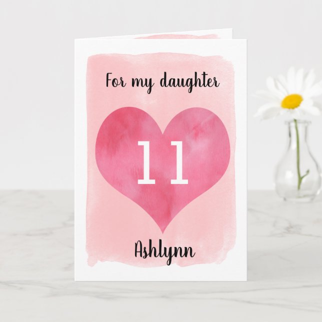 Carte Jolie aquarelle Coeur 11e anniversaire fille (Petite plante)