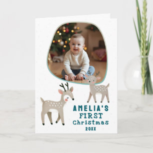 Carte Jolie Bébé 1ère Noël Photo Renne Fêtes