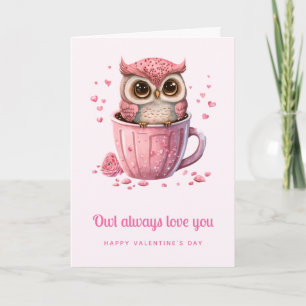 Carte Jolie chouette rose dans une tasse pour la Saint-V