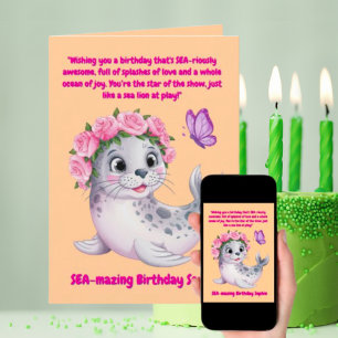 Carte Jolie couleur florale Lion de mer Anniversaire de 