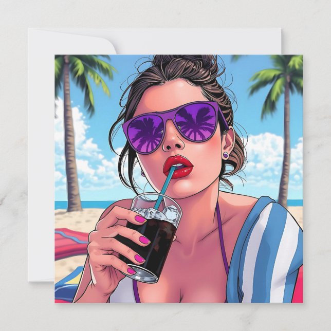 Carte Jolie dame à Beach Pop Art Blank (Devant)