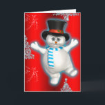 Carte Jolie Dancing Snowman Red Christmas<br><div class="desc">Une jolie carte de Noël bonhomme de neige avec un adorable bonhomme de neige habillé d'un chapeau noir brillant et portant un foulard rayé bleu et blanc. Il danse dans la neige avec des arbres de Noël autour de lui, le tout sur un arrière - plan rouge coloré. Cette carte...</div>