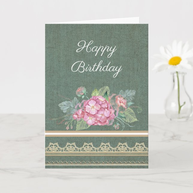 Carte Jolie dentelle Burlap et Fleur rose Anniversaire (Petite plante)