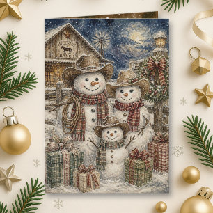 Carte Jolie Famille de Bonhomme de Neige Rustique Countr