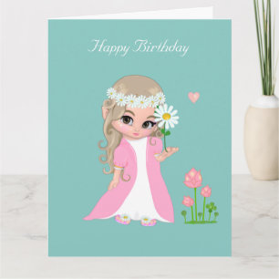 Carte Jolie Fée Fille avec Fleur sur Anniversaire Bleu C
