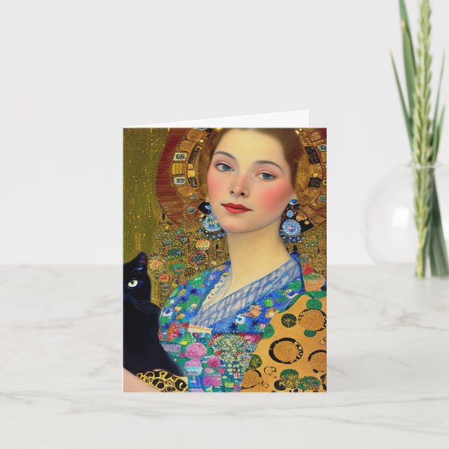 Carte Jolie femme avec chat noir (Devant)