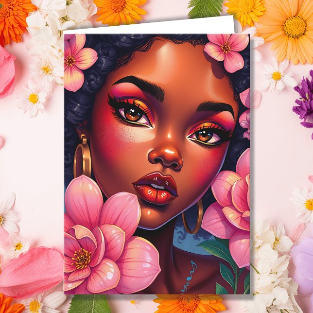 Carte Jolie femme de couleur avec des fleurs Anniversair (Créateur téléchargé)