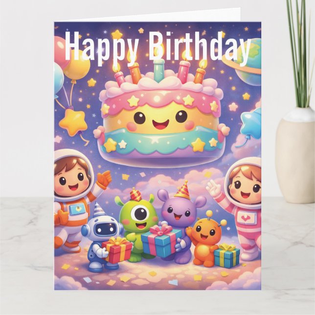 Carte Jolie fête d'anniversaire dans l'espace avec des a (Devant)