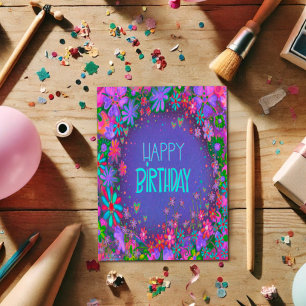 Carte Jolie Fête d'Anniversaire Fleurie Violette Féminin