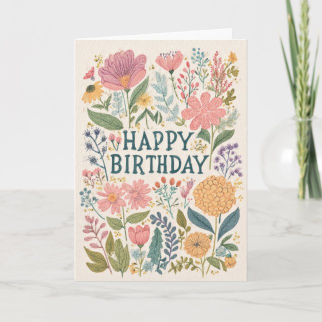 Carte Jolie Fête d'Anniversaire Florale (Devant)