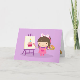 Carte Jolie fille artiste peignant joyeux anniversaire