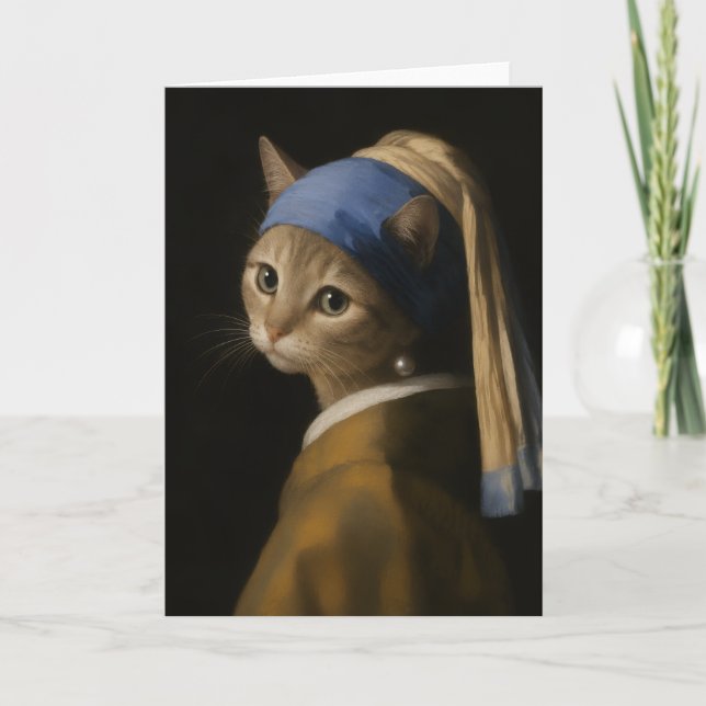 Carte Jolie Fille au Chat au Collier de Perle Dessin Ani (Devant)