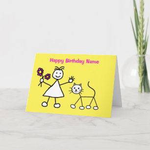 Carte Jolie Fille avec Chat Anniversaire