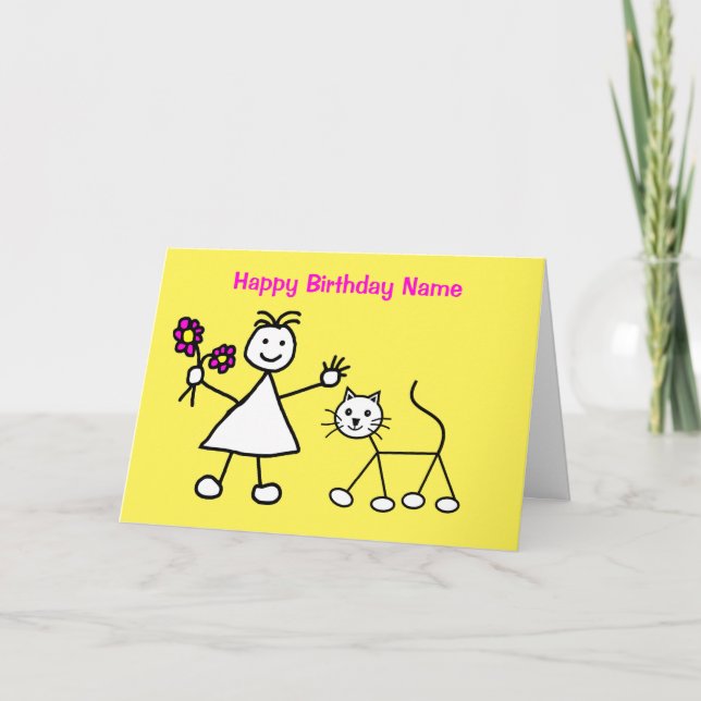 Carte Jolie Fille avec Chat Anniversaire (Devant)