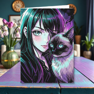 Carte Jolie Fille d'Anime et Chat Siamois