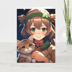 Carte Jolie Fille d'Anime Tenant un Chaton Noël