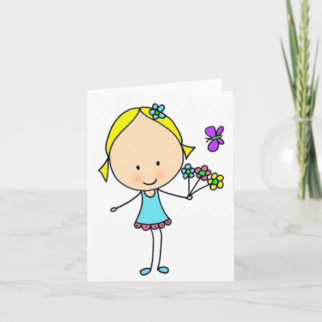 Carte Jolie Fille de Dessin Animé avec Fleurs Usage Géné (Devant)