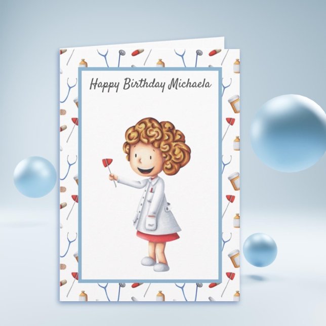 Carte Jolie fille de docteur illustrée et Motif annivers (Doctor Birthday Card)