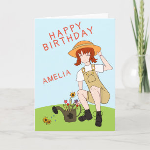 Carte Jolie fille de jardinage Fleurs Cheveux bruns Anni