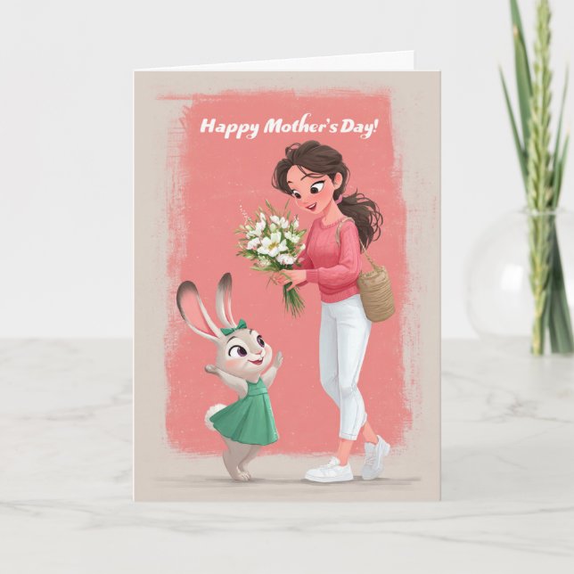 Carte Jolie fille lapin offrant des fleurs de la fête de (Devant)