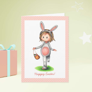 Carte Jolie fille rose corail en costume lapin Pâques