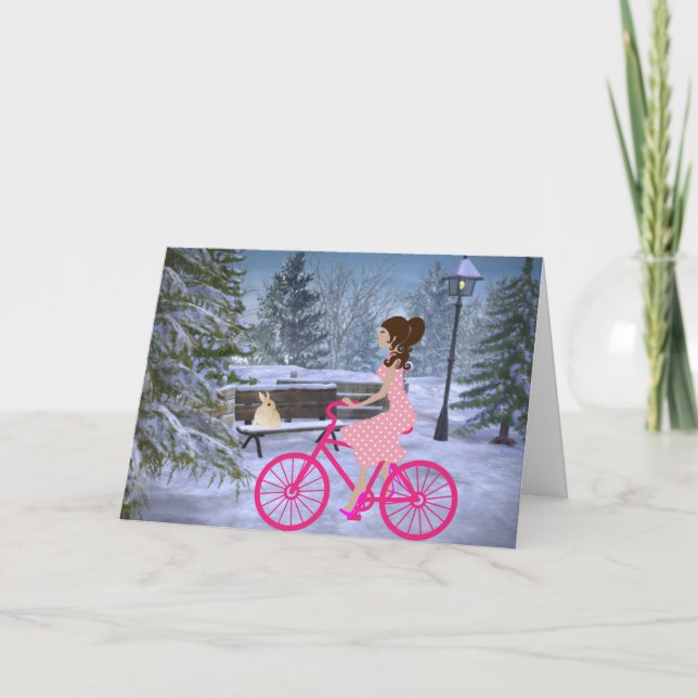 Carte Jolie Fille Sur Un Vélo Rose Hiver (Devant)
