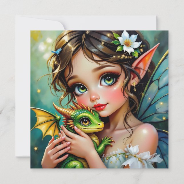 Carte Jolie fille thème fée et dragon   (Devant)