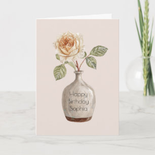 Carte Jolie Fleur de Rose Pêche dans un Vase Anniversair