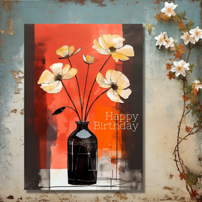 Carte Jolie Fleurs Modernes et Vase Anniversaire (Front - Give Thanks  Modern Flower and Vase Birthday Card)
