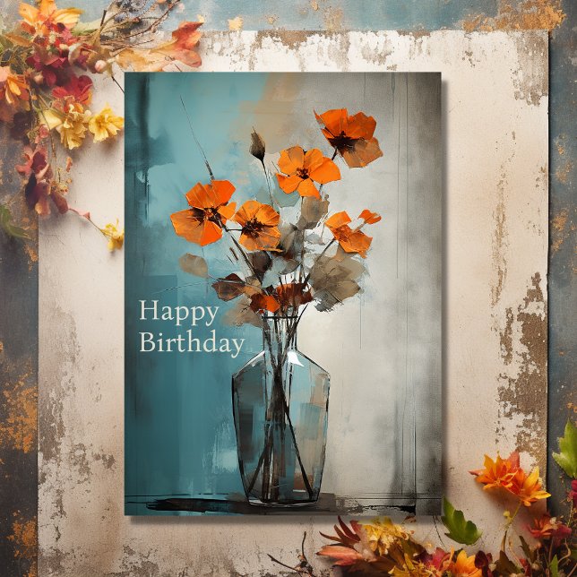 Carte Jolie Fleurs Modernes et Vase Joyeux anniversaire (Front - Pretty Modern Flowers and Vase Happy Birthday Card)