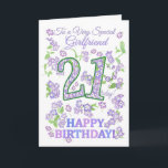 Carte Jolie Floral 21e anniversaire Special Girlfriend<br><div class="desc">Une très jolie carte d'anniversaire 21ème pour une amie très spéciale, avec des chiffres remplis d'un motif de fleurs Phlox et surligné en vert et des sprigs de fleurs Phlox rose, mauve et bleu. Les mots "Joyeux anniversaire !" sont aussi dans les mêmes tons que les fleurs, peintes à la...</div>