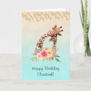 Carte Jolie girafe aquarelle maman et bébé anniversaire